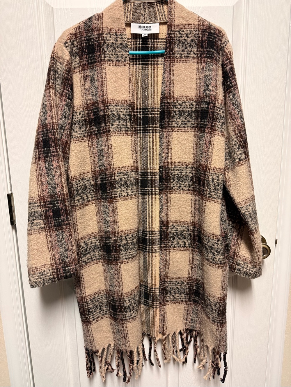 BB Dakota Steve Madden Taupe Plaid Open-Front Fringe Sweater
